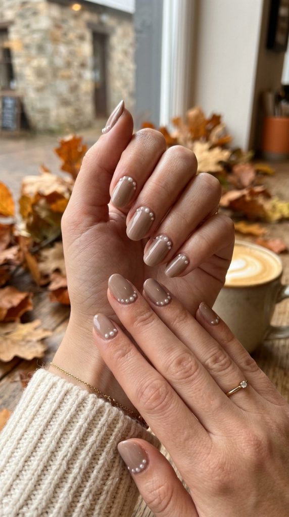 Taupe Nails With Pearl Accents