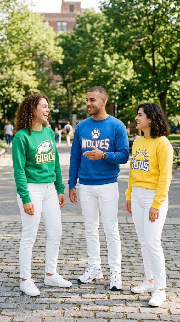 Team Sweatshirt with White Jeans