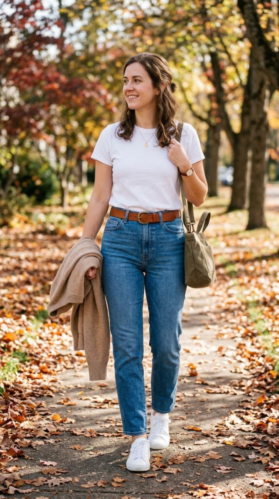 White T-Shirt with High-Waisted Jeans