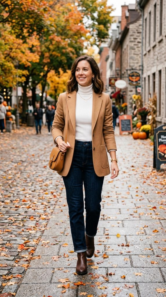 White Turtleneck with Camel Jacket