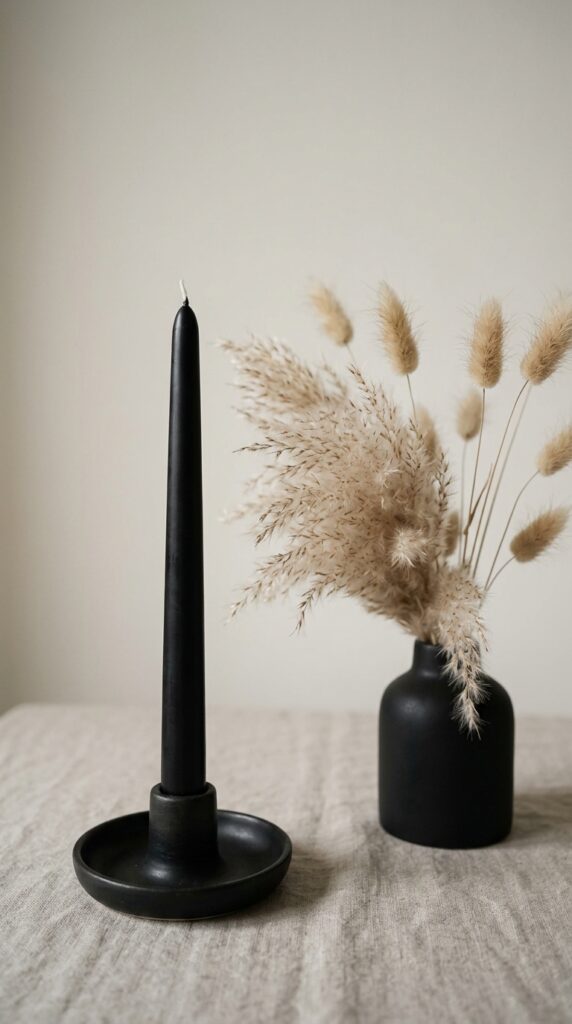 Black Candles With Dried Flowers