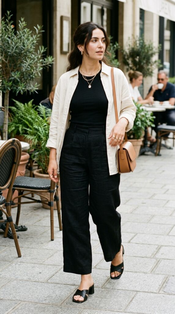 Black Linen Wide-Leg Trousers