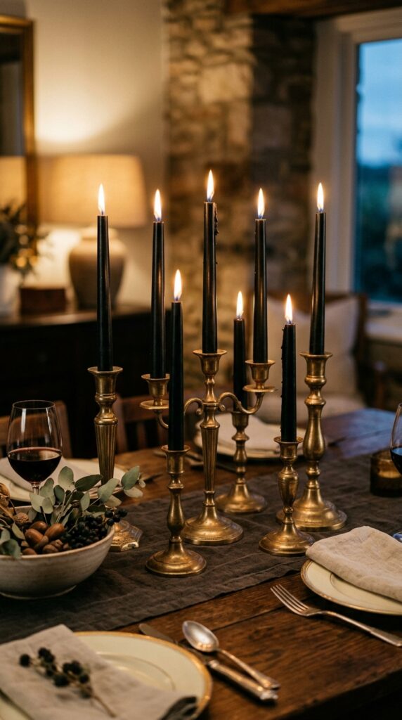 Black Tapers in Brass Candleholders