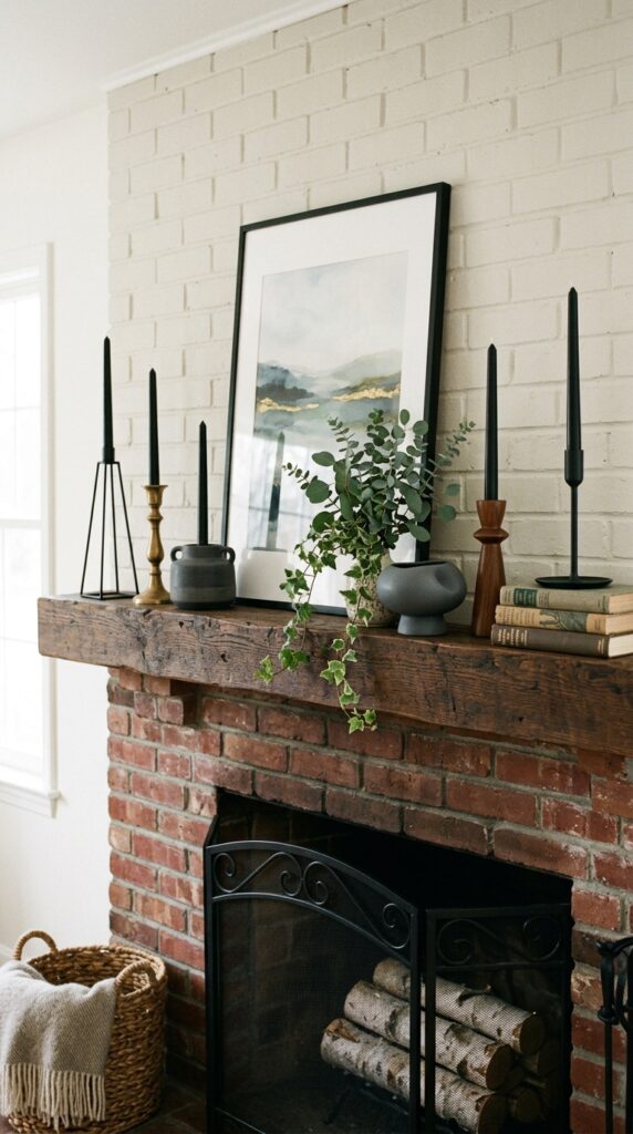 Black Tapers on a Fireplace Mantel