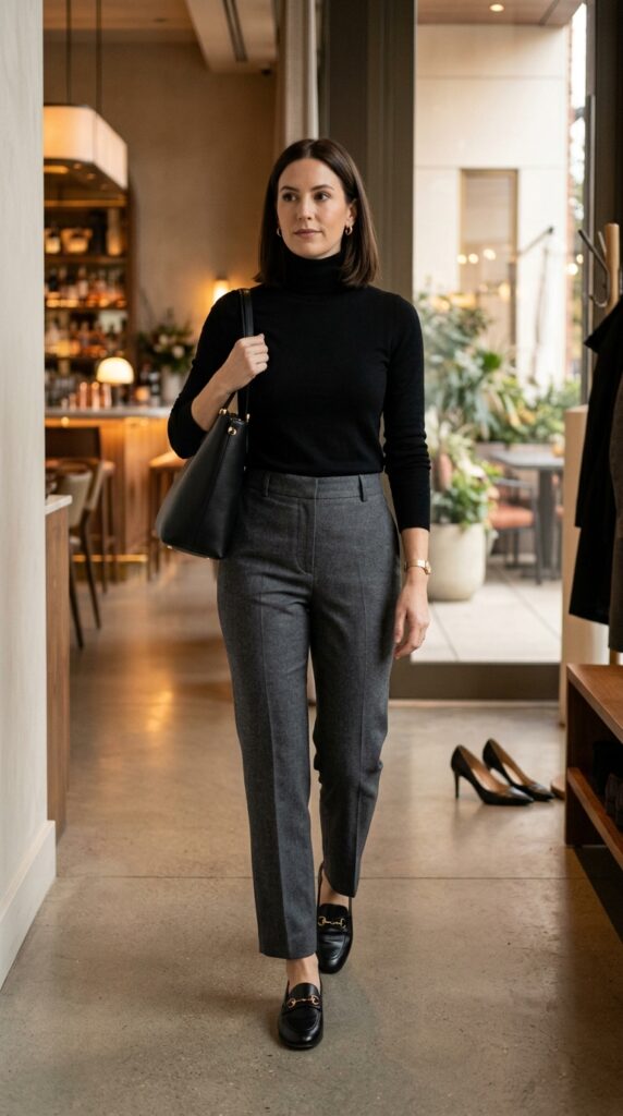 Black Turtleneck with High-Waisted Trousers