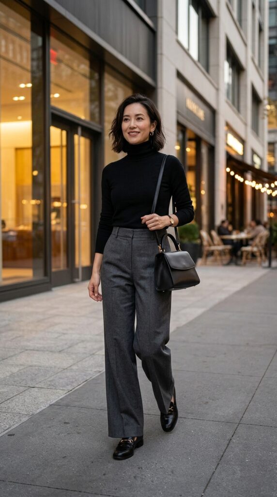 Black Turtleneck with Wide-Leg Pants