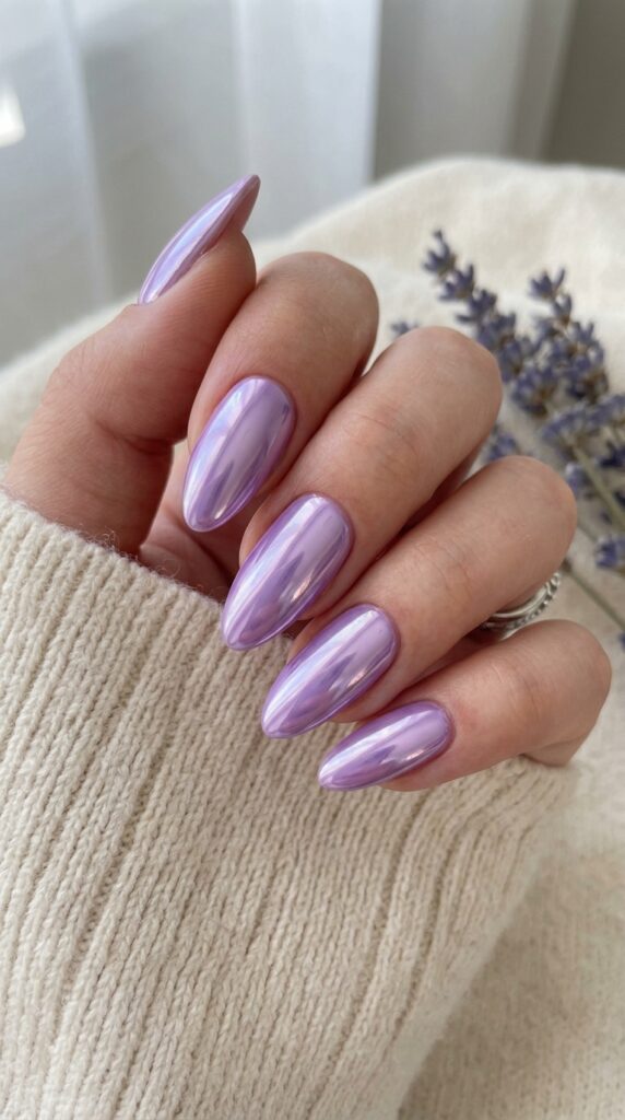 Classic Lavender Chrome Almond Nails