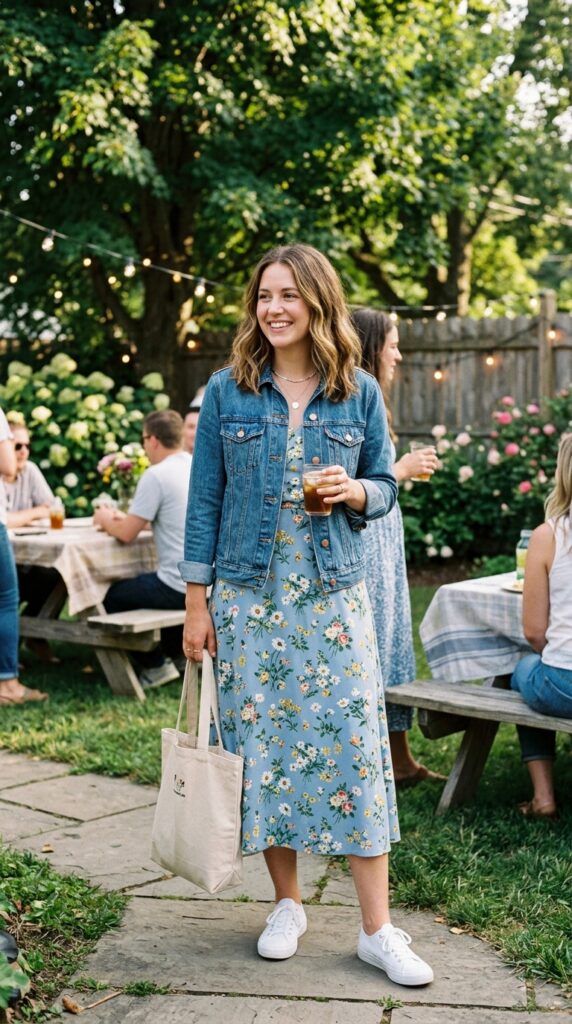 Denim Jacket with a Floral Dress