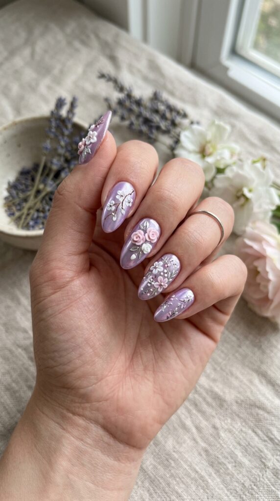 Floral Lavender Chrome Nails