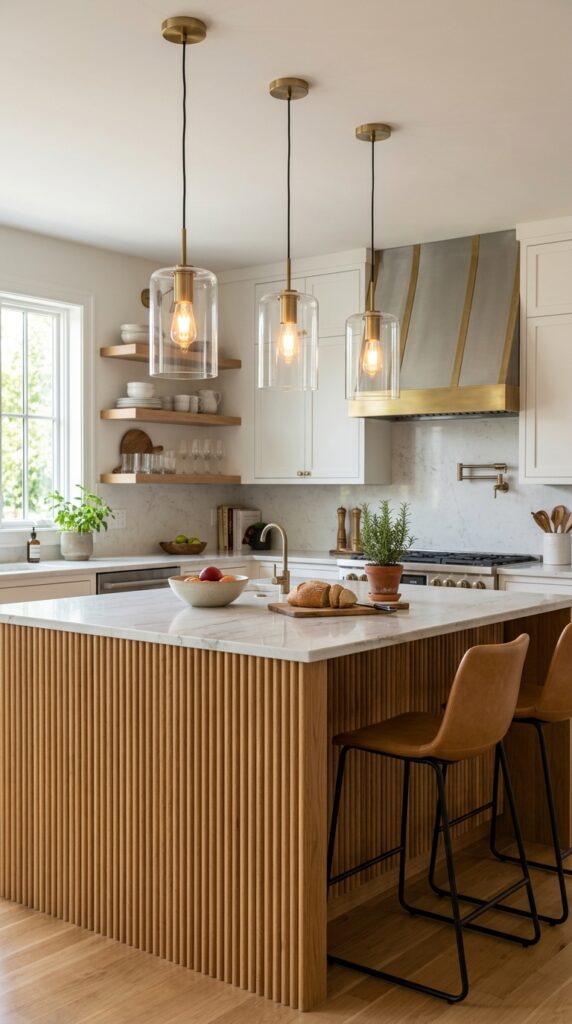 Fluted Island With Statement Lighting