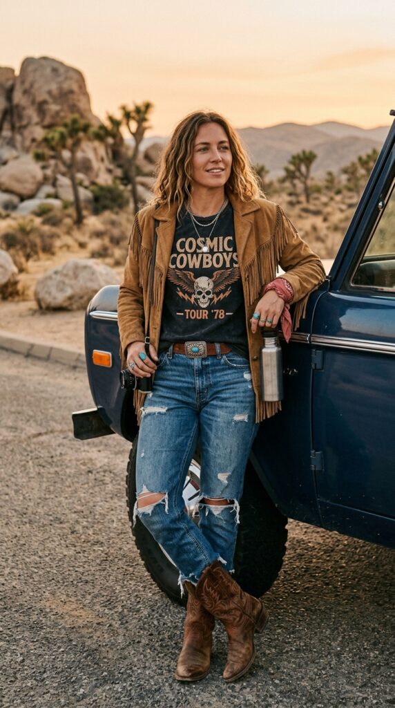 Fringe Jacket With a Graphic Tee