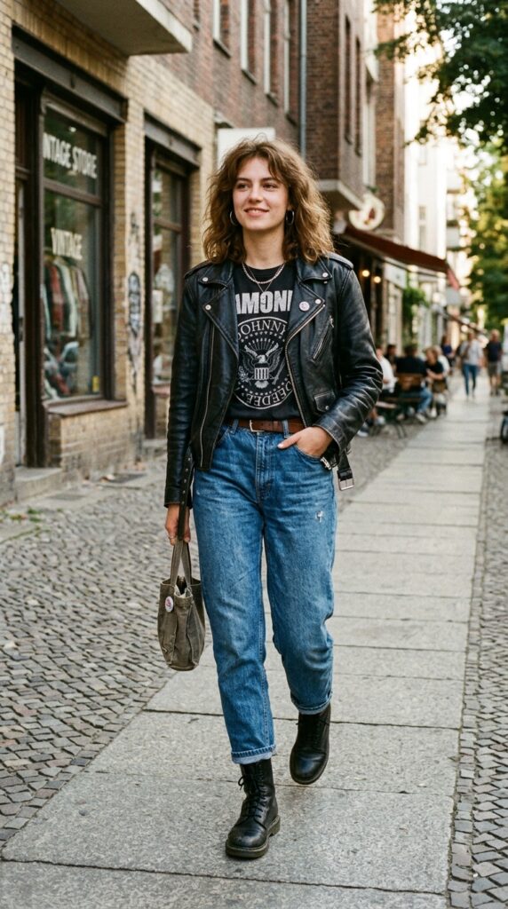Graphic Tee with Leather Jacket