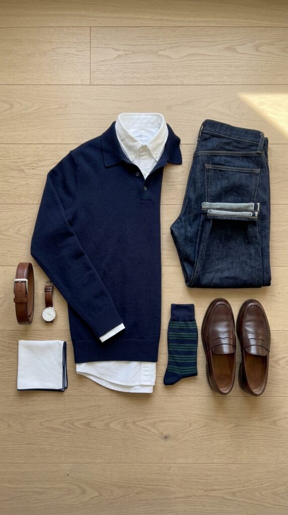 Polo Sweater Over a Button-Down Shirt