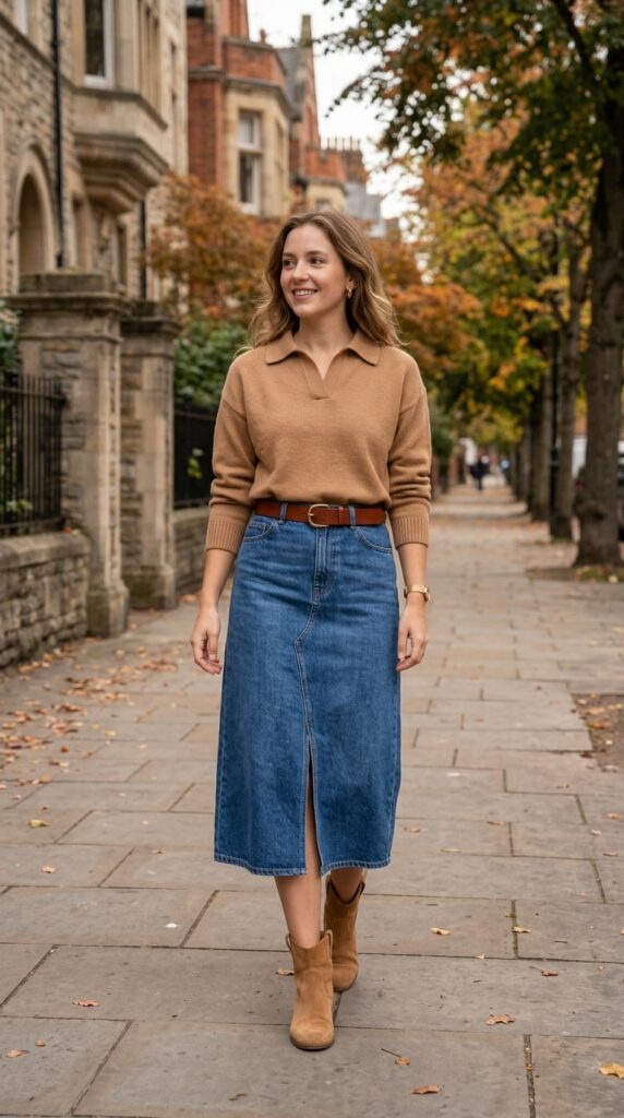 Polo Sweater and Denim Skirt