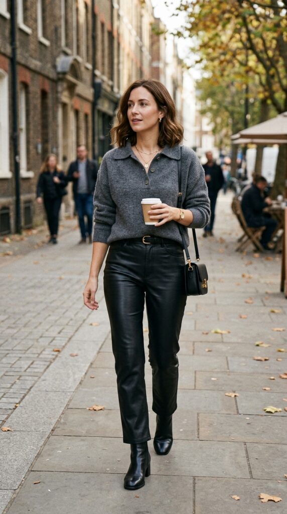 Polo Sweater and Leather Pants