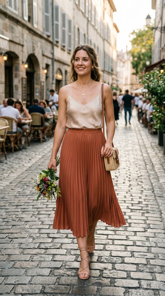 Satin Cami with Pleated Midi Skirt