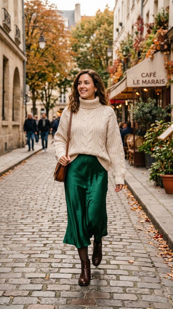 Satin Skirt with a Chunky Sweater