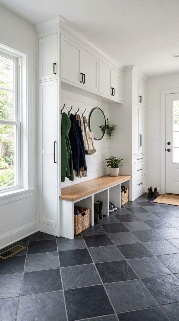 Slate Floor With White Cabinetry