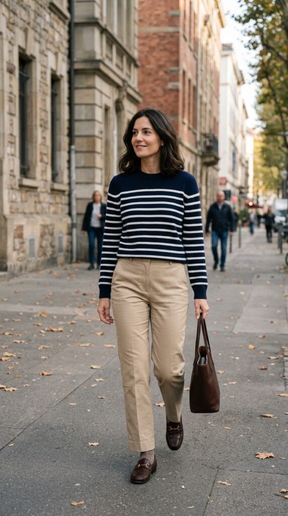 Striped Sweater and Neutral Trousers
