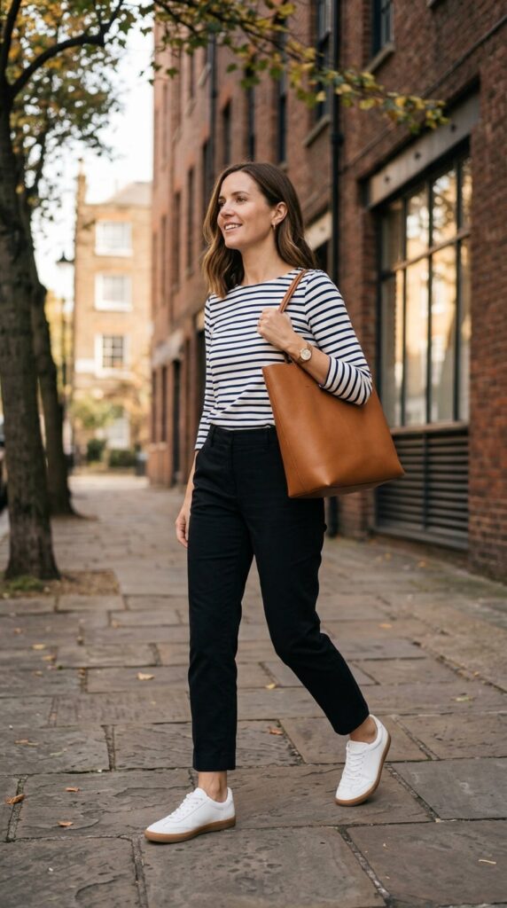 Striped Top and Neutral Trousers