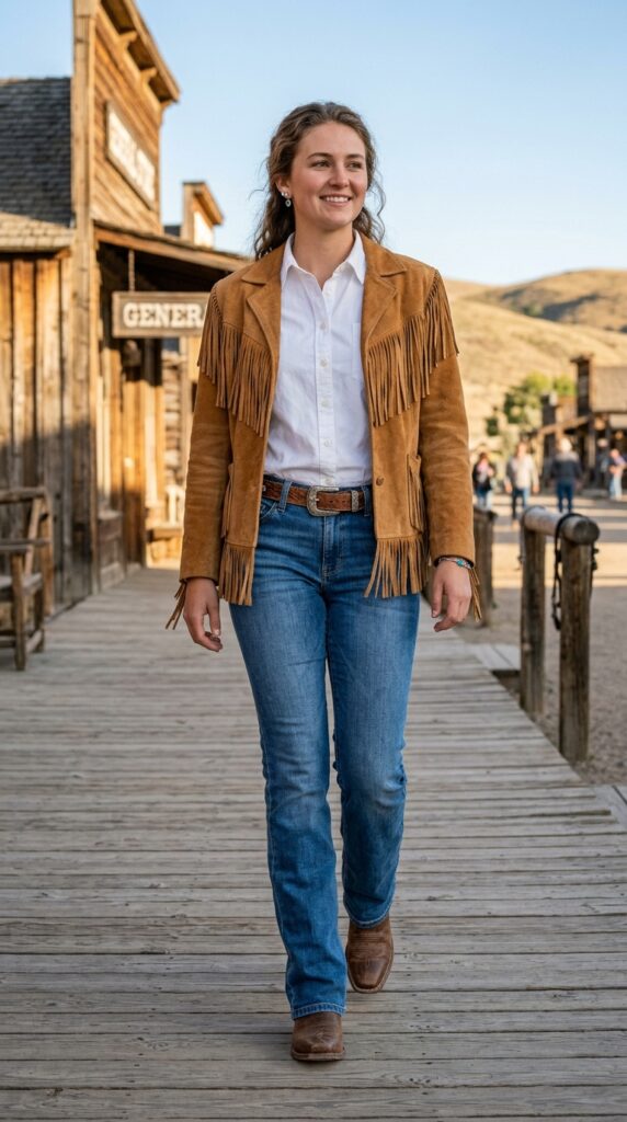 Suede Fringe Jacket With Cowboy Boots