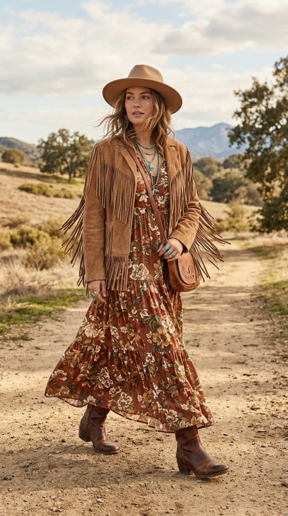 Suede Fringe Jacket With a Maxi Dress