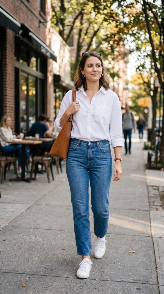 White Button-Down with Straight-Leg Jeans