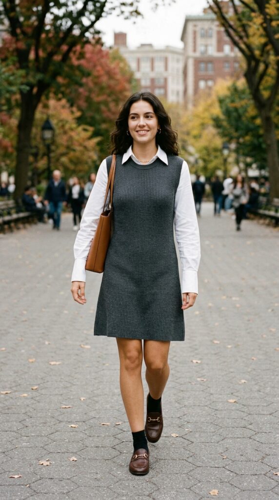  White Shirt With a Sleeveless Knit Dress