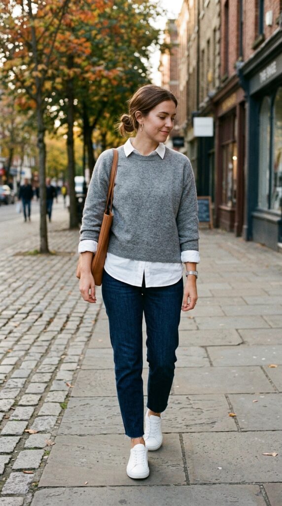 White Shirt and Crewneck Sweater