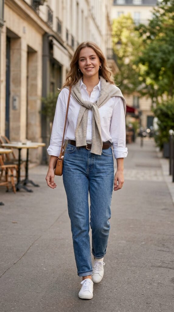 White Shirt and Knit Sweater Over the Shoulders