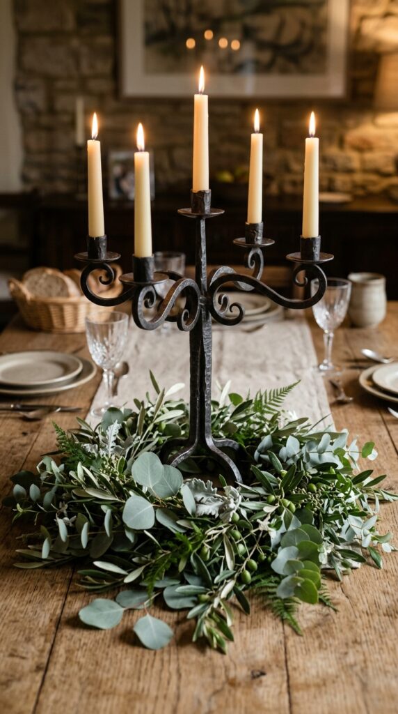 Wrought Iron Candelabra With Greenery