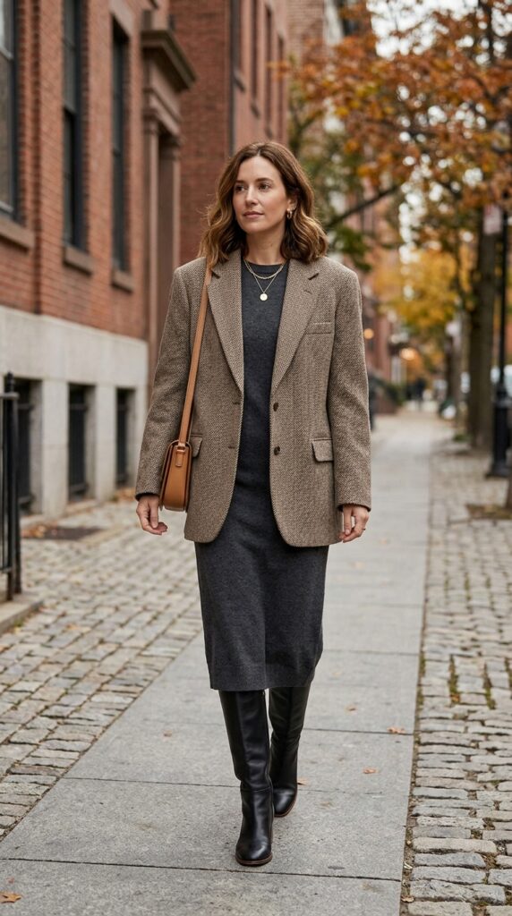 Boxy Blazer With a Knit Dress