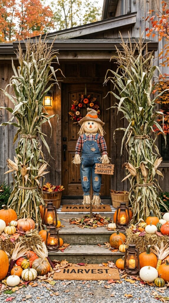 Burlap Scarecrow With Corn Stalks