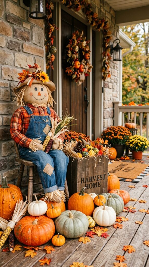 Burlap Scarecrow With Pumpkin Decorations