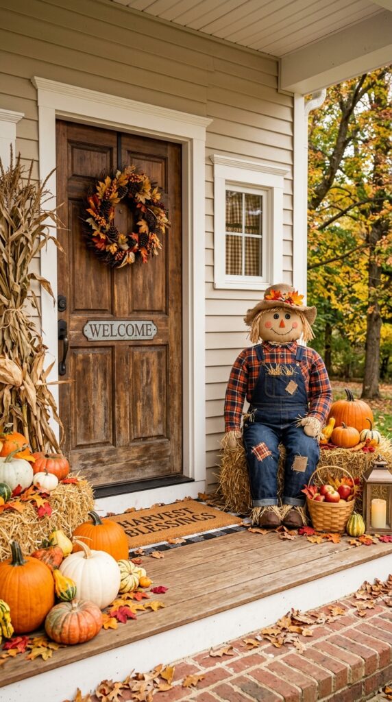 Classic Burlap Scarecrow by the Front Door