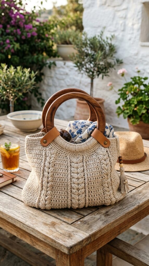 Crochet Tote with Wooden Handles