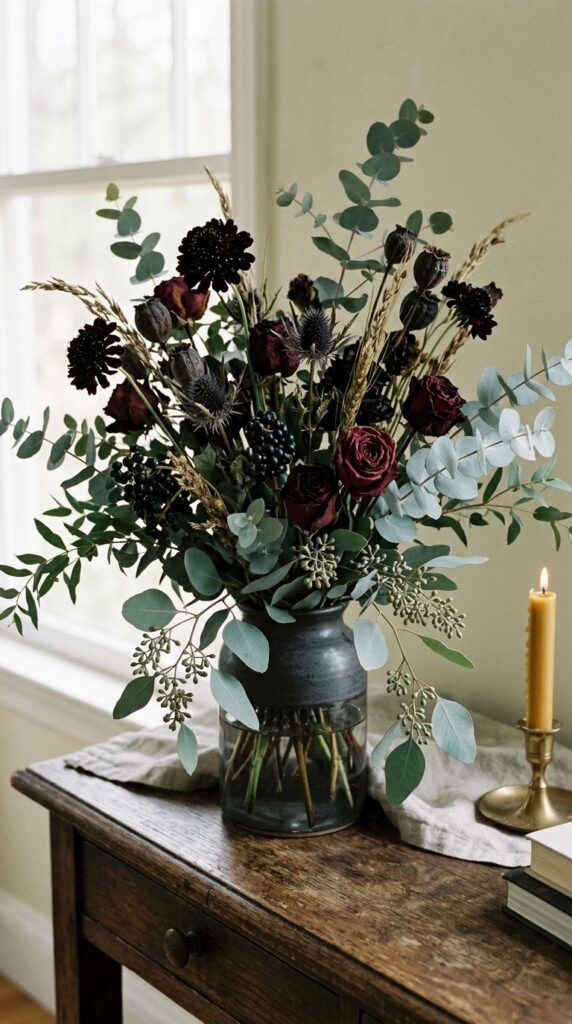 Dark Floral and Eucalyptus Wreath