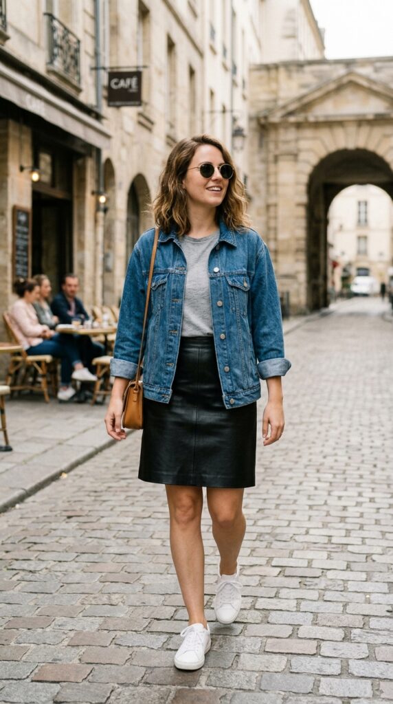Denim Jacket and Leather Maxi Skirt