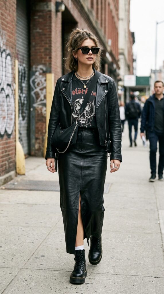Graphic Tee and Leather Skirt