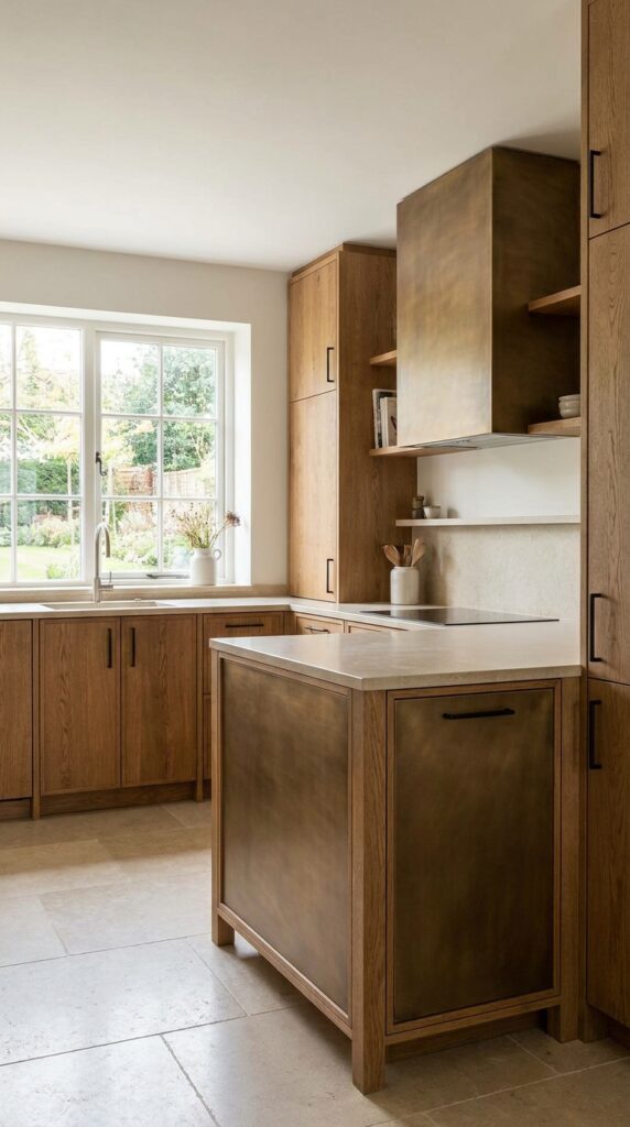 Hammered Metal Sink with Wood Cabinets