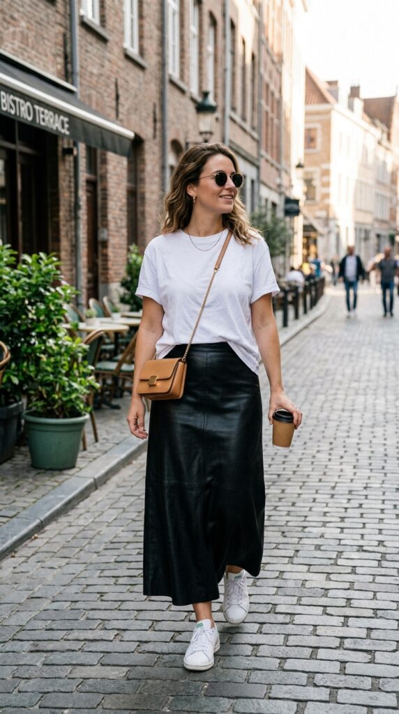Leather Maxi Skirt with a Simple T-Shirt