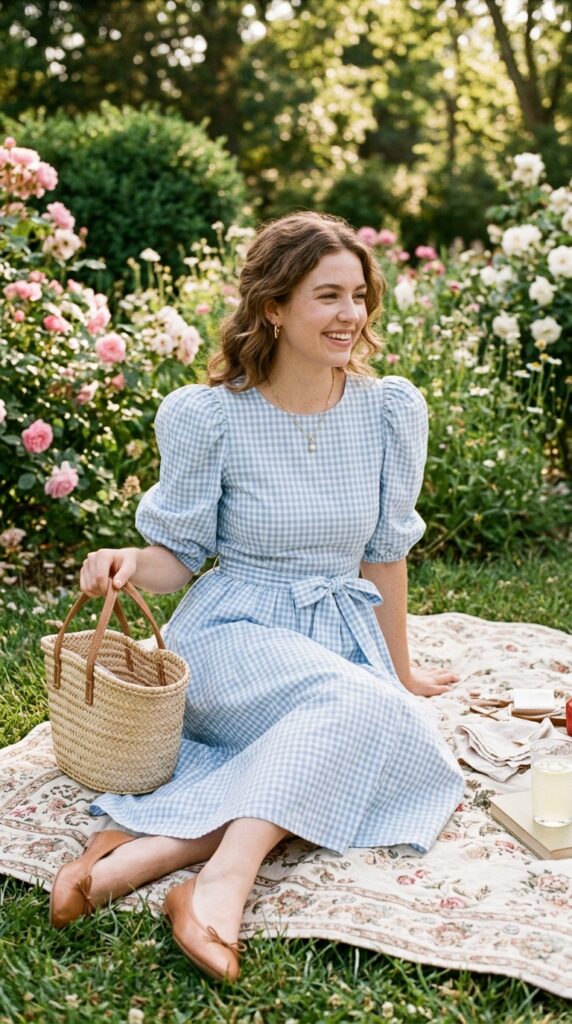 Puff-Sleeve Gingham Picnic Dress