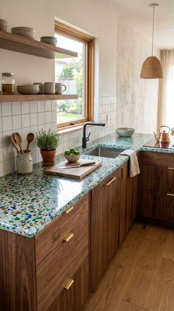 Recycled Glass With Natural Wood Cabinets