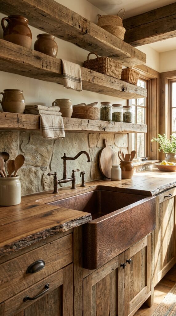 Rustic Copper Sink with Open Shelving