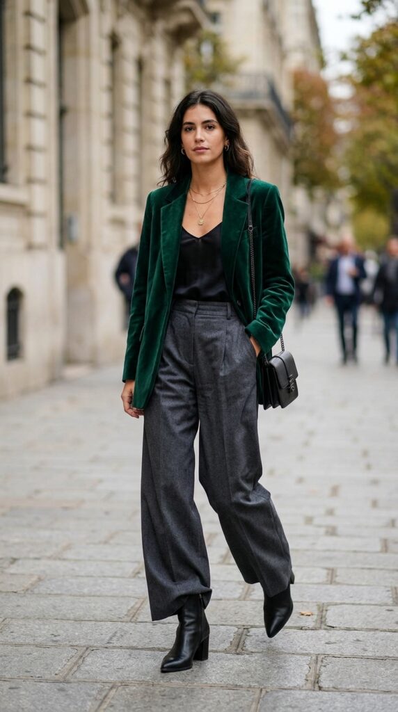 Velvet Blazer with Wide-Leg Pants