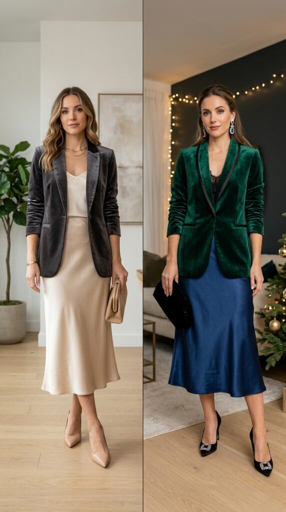 Velvet Blazer with a Satin Skirt