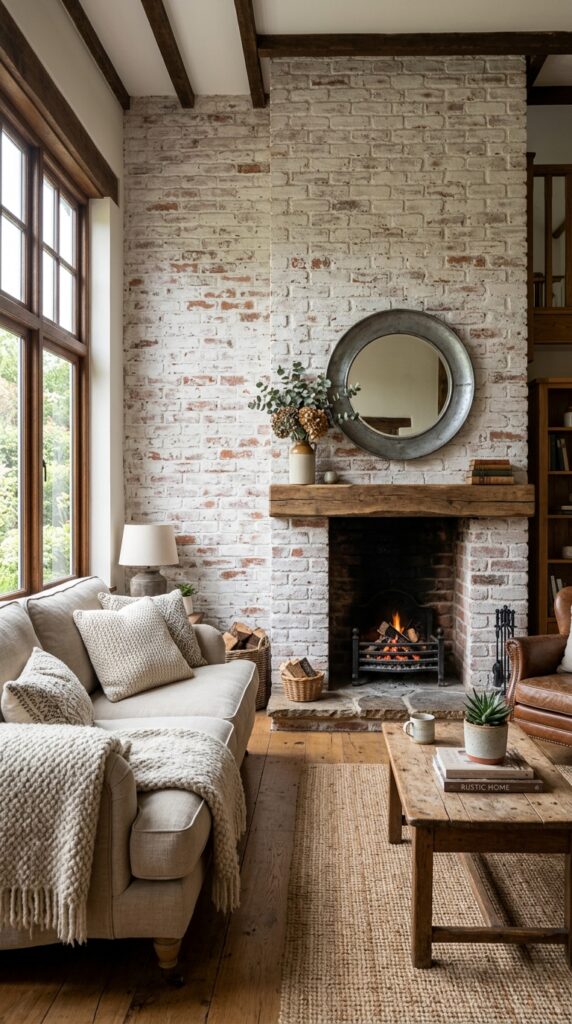 Whitewashed Brick Fireplace Niche