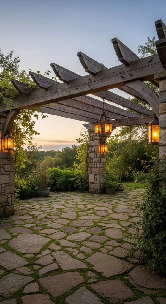 Rustic Pergola With Stone Accents