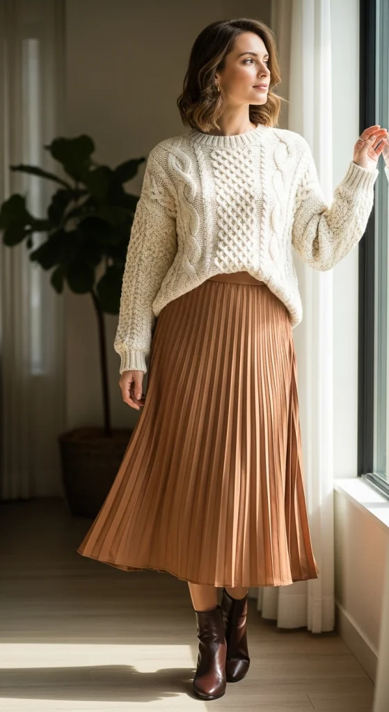 Cable-Knit Sweater + Midi Skirt + Booties