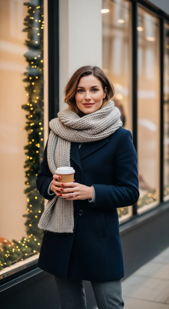 Chunky Knit Scarf + Peacoat + Trousers